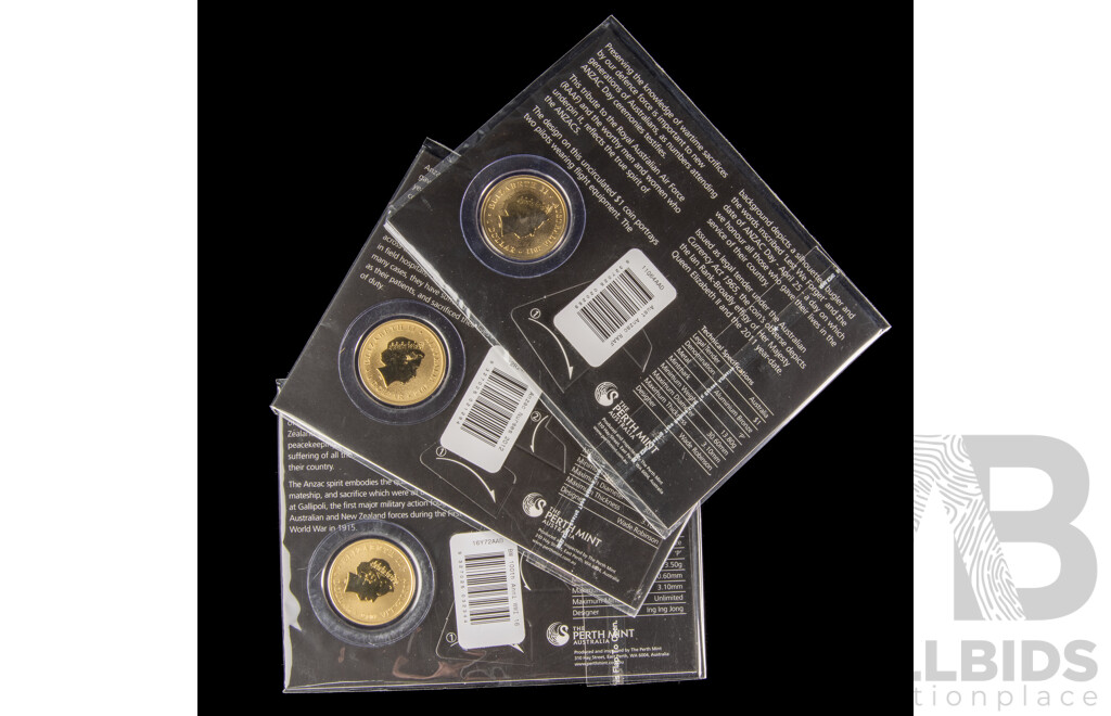 Australian Perth Mint 2011, 2012, 2016, ANZAC Day $1 coins