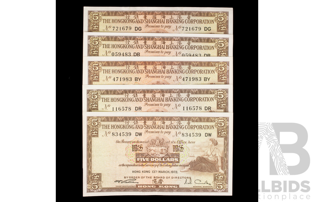 1967-1972 Five Hong Kong $5 notes. High Grade