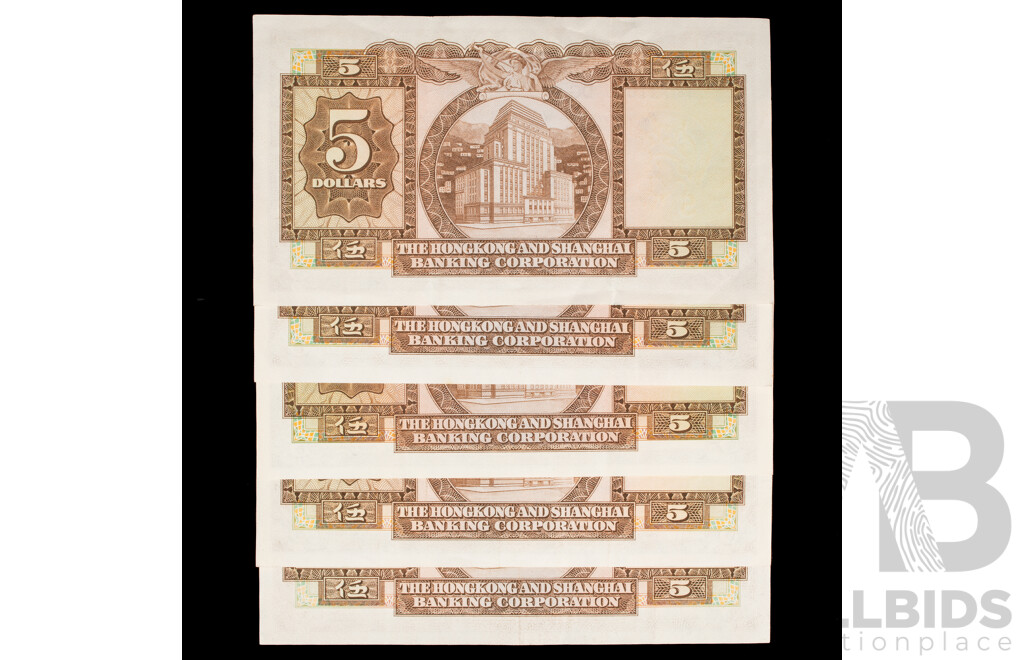 1967-1972 Five Hong Kong $5 notes. High Grade
