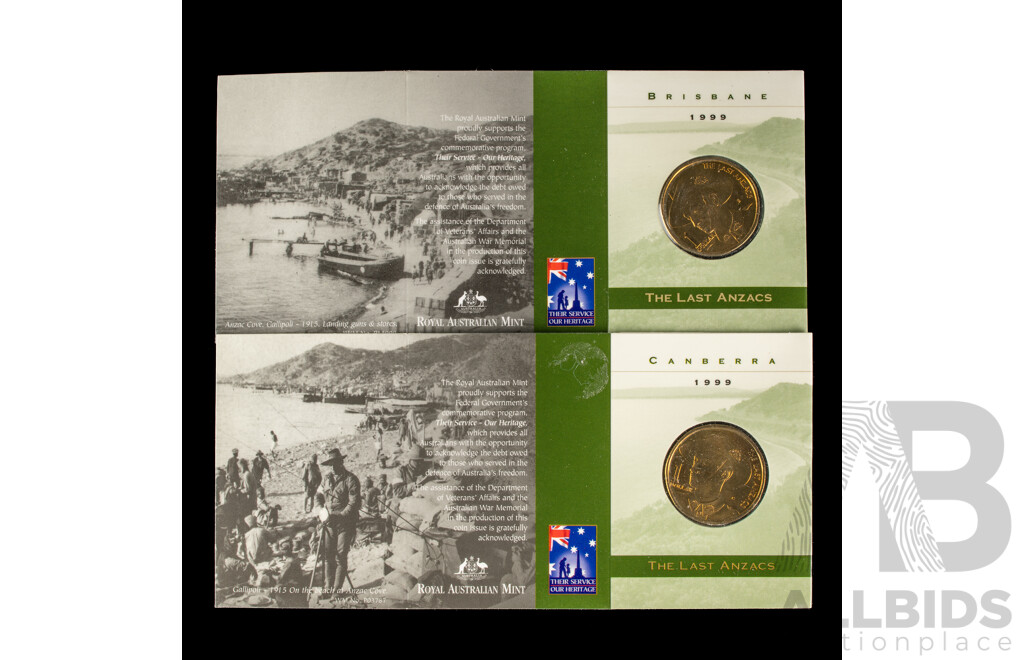 Two Australian 1999 $1 The Last ANZACS. Mint Marked C B.