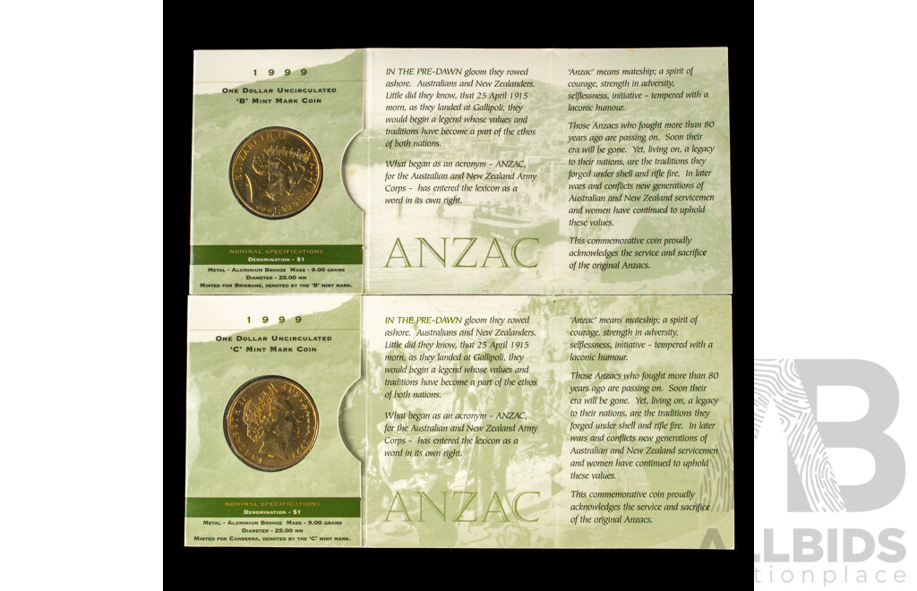 Two Australian 1999 $1 The Last ANZACS. Mint Marked C B.