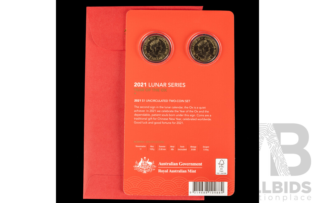 Australian 2021 Lunar Series Two $1 Coins. Year of the Ox.