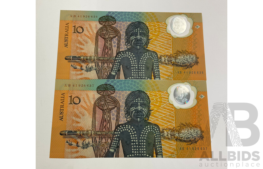 Two Australian 1988 Ten Dollar Notes, Bicentennial Consecutive AB 41926636 - AB 41926637