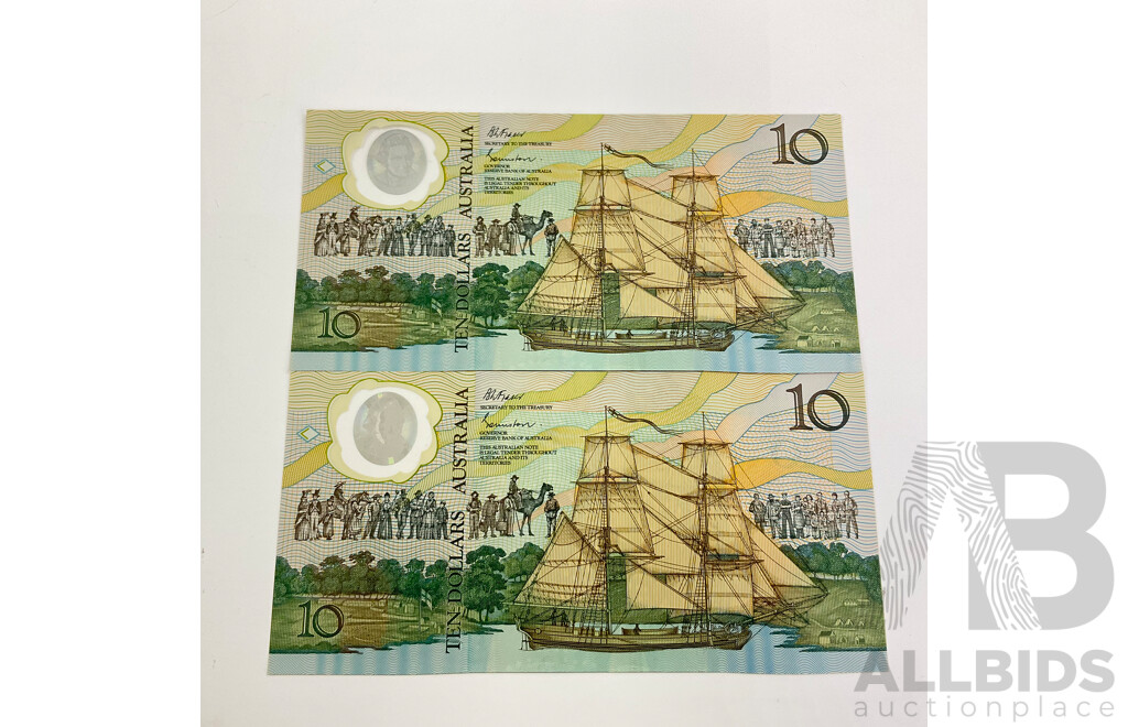 Two Australian 1988 Ten Dollar Notes, Bicentennial Consecutive AB 41926636 - AB 41926637
