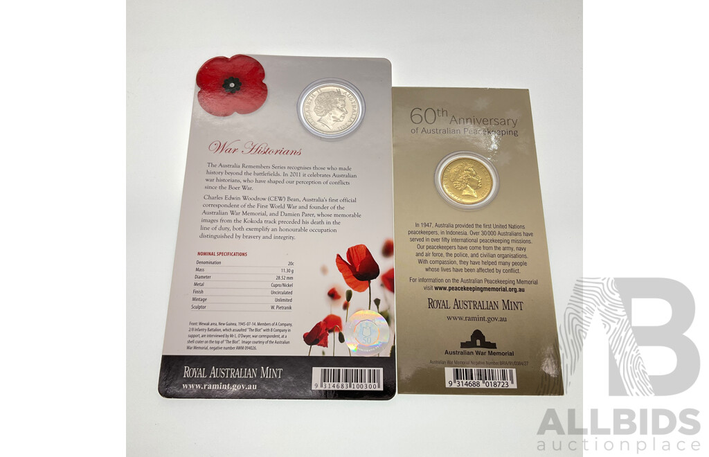 Australian 2011 War Historians 20c Coin, 2007 Peace Keeping $1 Coin.