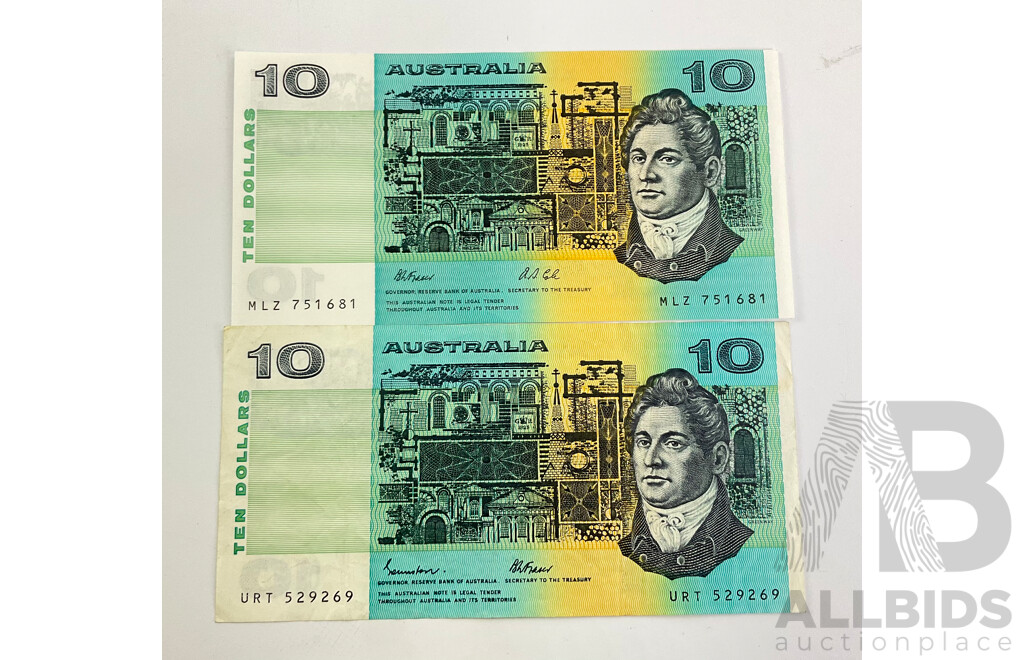 Two Australian Ten Dollar Notes 1985 R308, URT 529259, 1991 R313, MLZ 751681