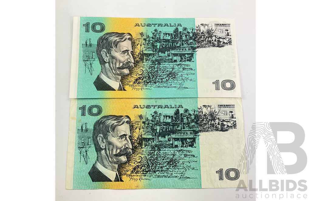 Two Australian Ten Dollar Notes 1985 R308, URT 529259, 1991 R313, MLZ 751681