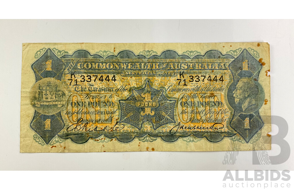 Australian 1927 One Pound Note, Riddle/Heathershaw  K71 337444