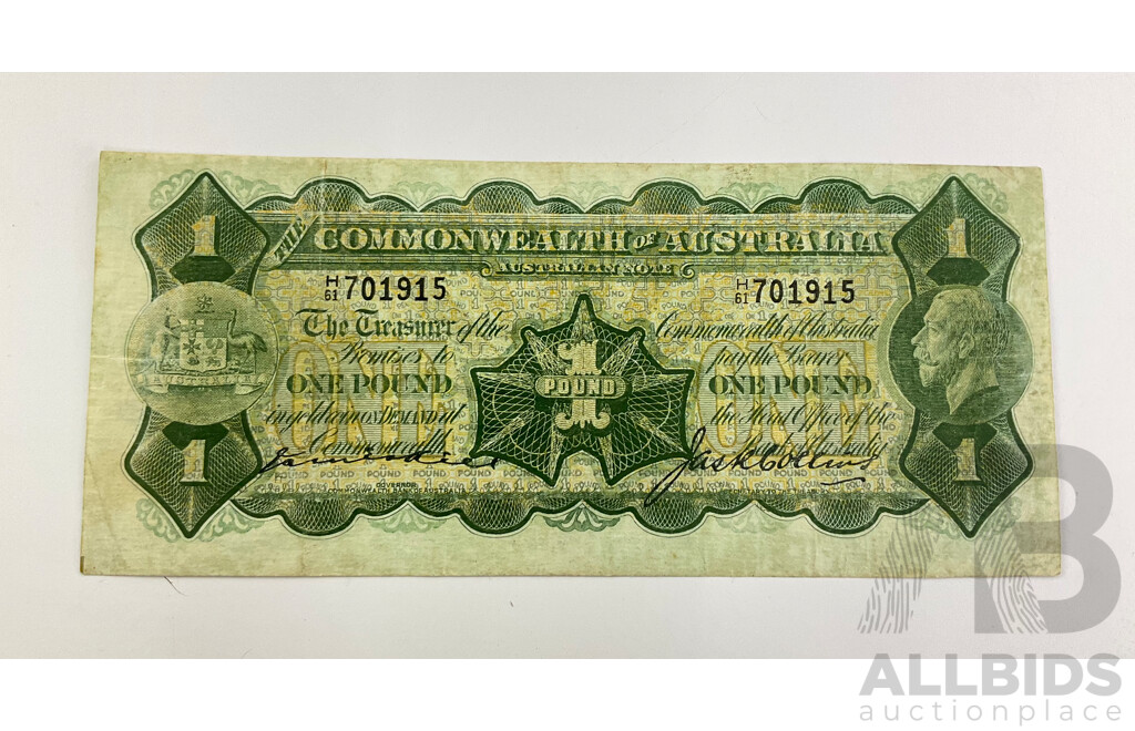 Australian 1923 One Pound Note, Miller/Collins, Last Prefix H61 701915, R23L.