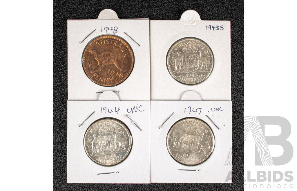 Australian 1948 Penny, 1943 1944 1947 UNC Florins.