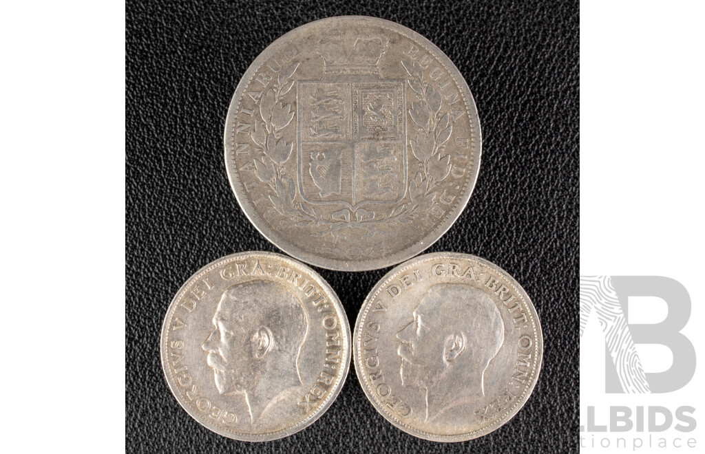 Royal Mint 1883 Half Crown,1915 and 1918 Shillings. Sterling Silver Coins.