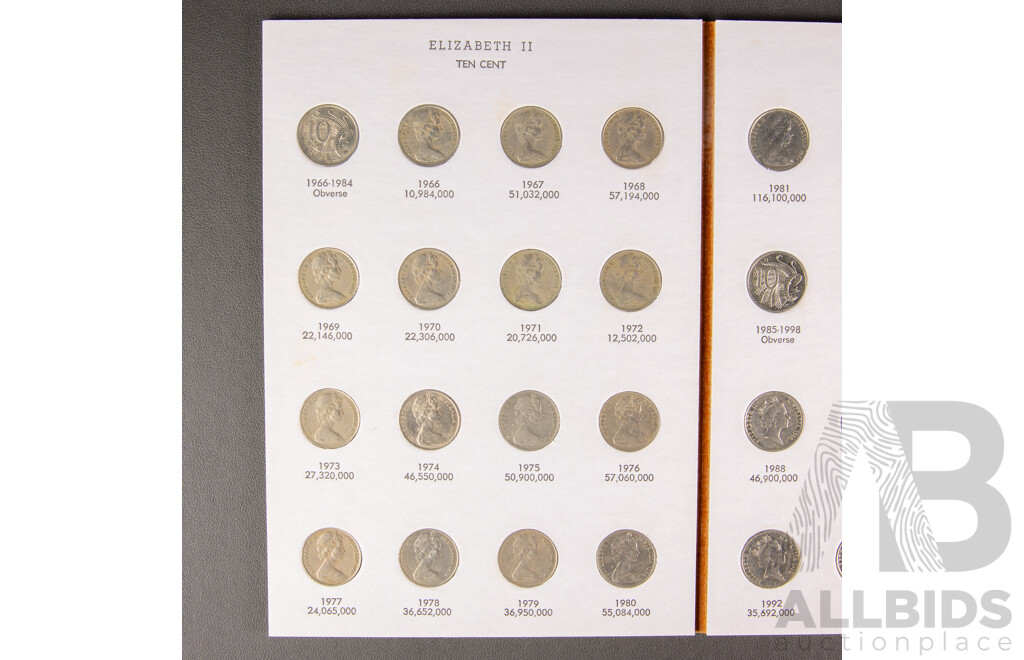 Australian Full Set 1966-2010 RAM 10c Circulated, UNC and Proof 48 Coins in Dansco Album.