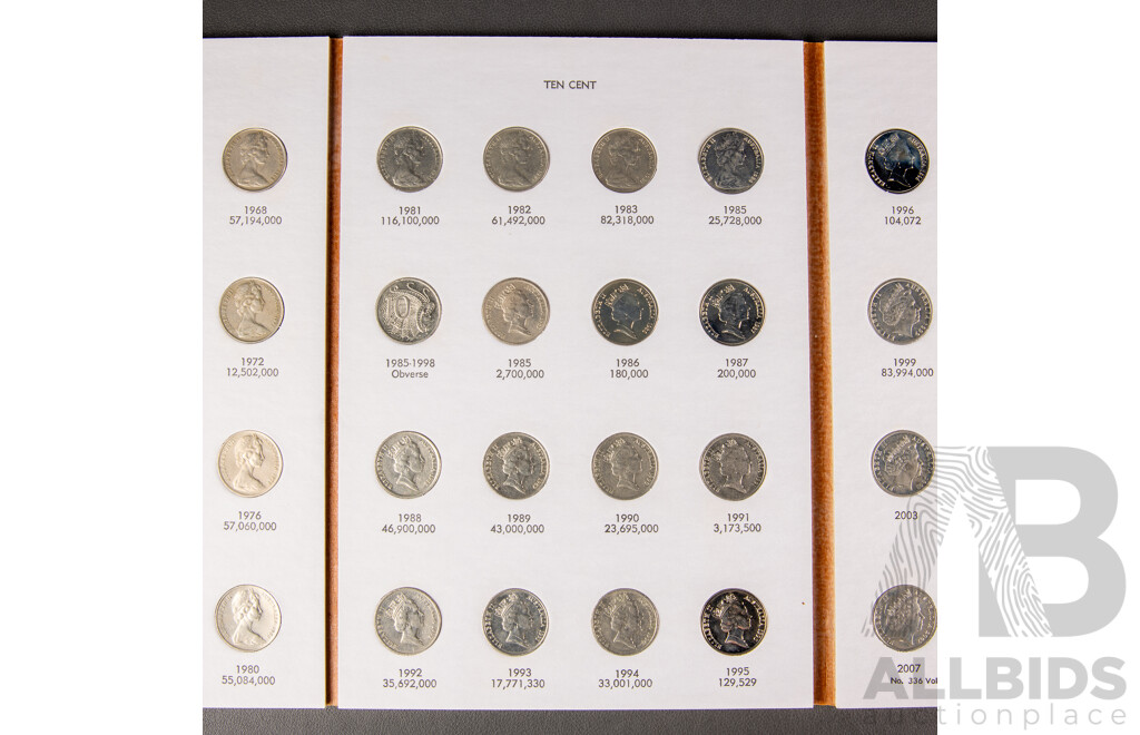 Australian Full Set 1966-2010 RAM 10c Circulated, UNC and Proof 48 Coins in Dansco Album.
