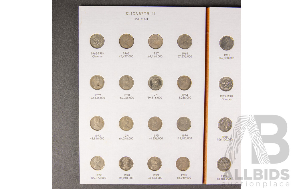 Australian Full Set 1966-2010 RAM 5c Circulated, UNC and Proof 48 Coins in Dansco Album.