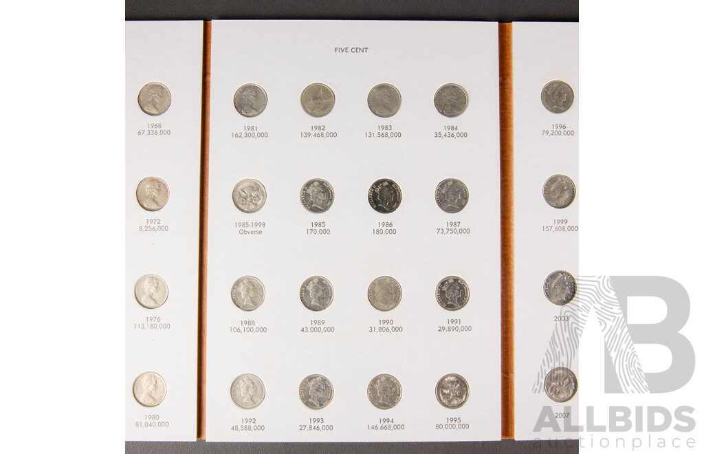 Australian Full Set 1966-2010 RAM 5c Circulated, UNC and Proof 48 Coins in Dansco Album.