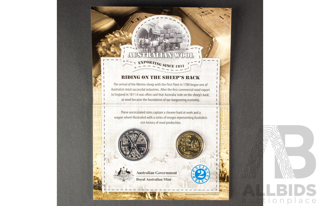 Australian 2011 Wool and 2012 Australian Wheat Two Coin Sets, $1 and 20c