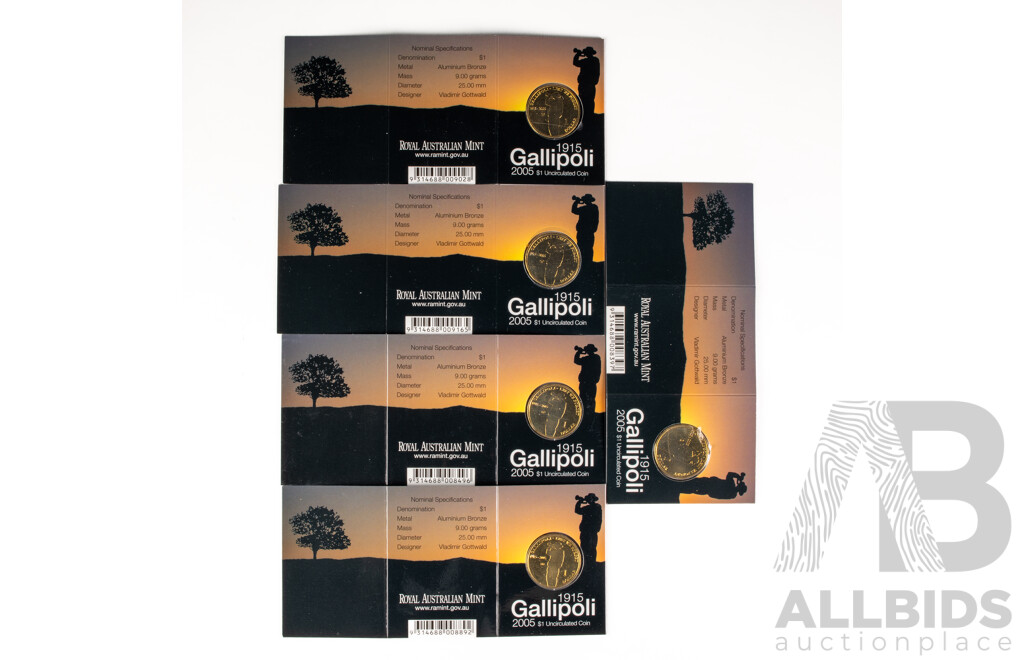 Australian 2005 Set of 5 Gallipoli $1 Coins. C G S B M Mint Marks.