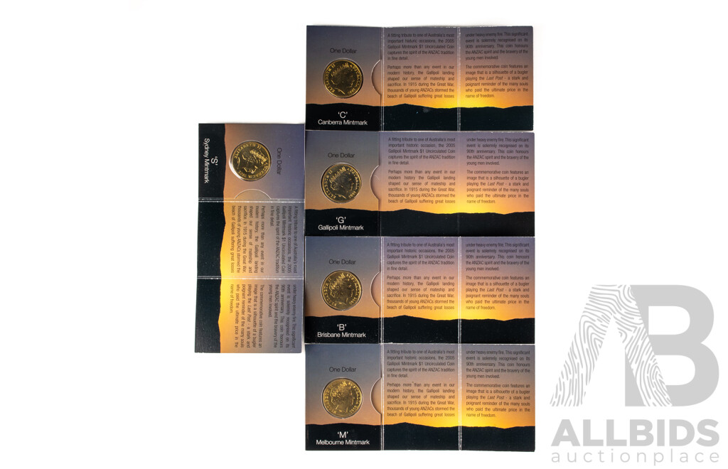Australian 2005 Set of 5 Gallipoli $1 Coins. C G S B M Mint Marks.