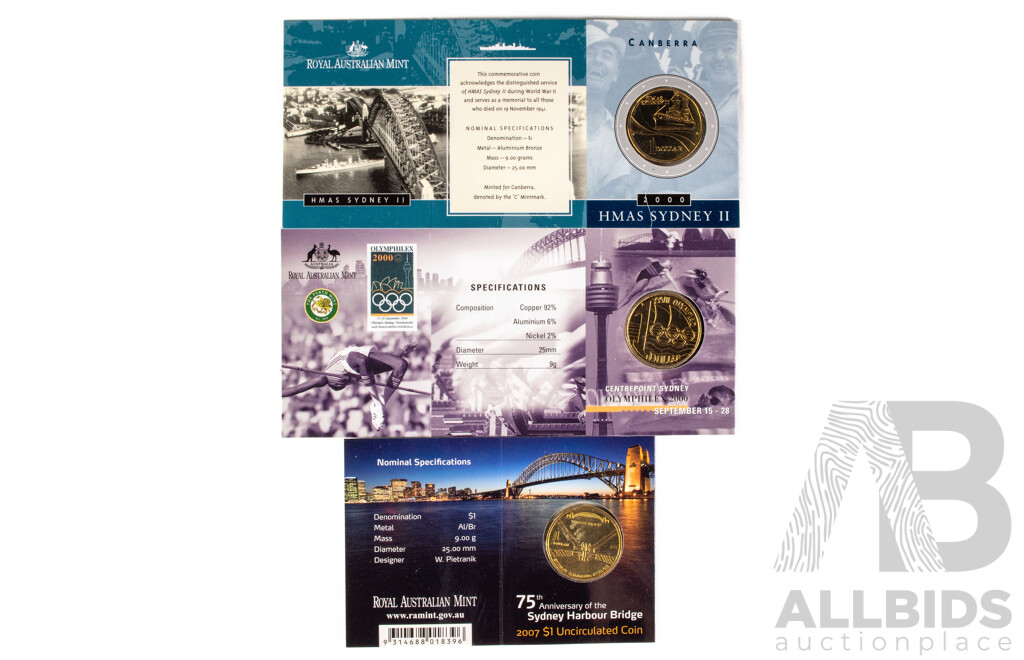 Australian 2000 2007 Three Sydney Related $1 Coins.