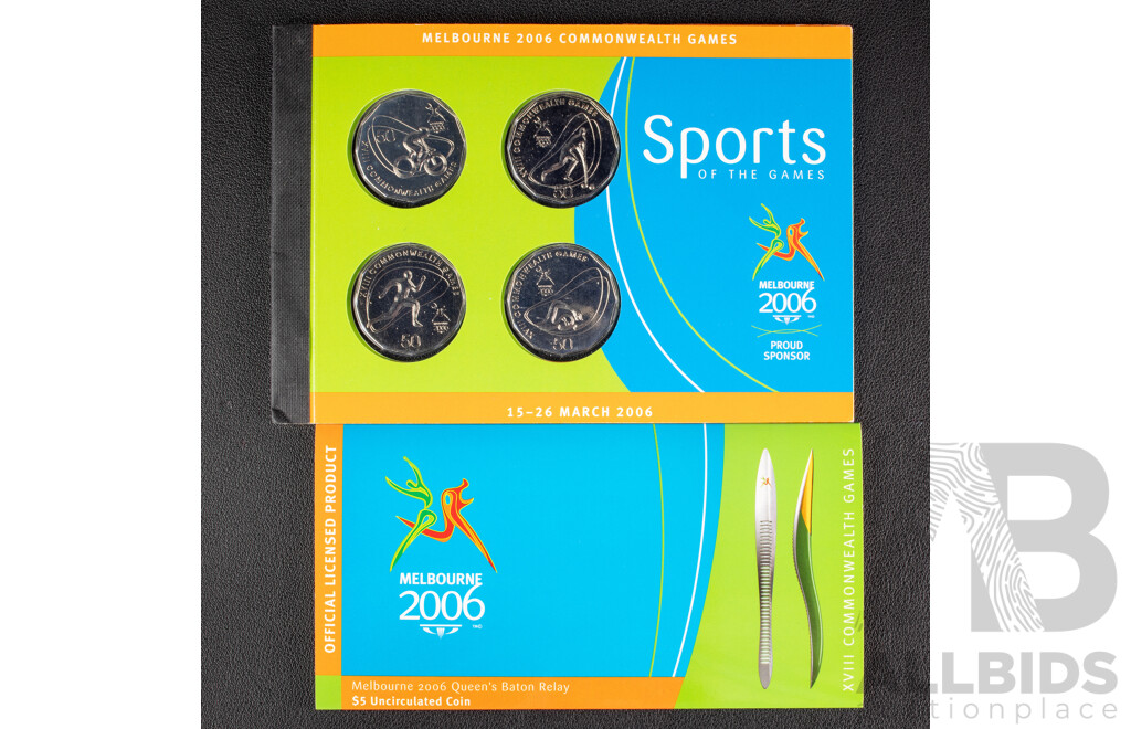 Australian 2006 Melbourne Olympics, Four 50c Coins PNC. $5 Coin Queen's Baton Relay
