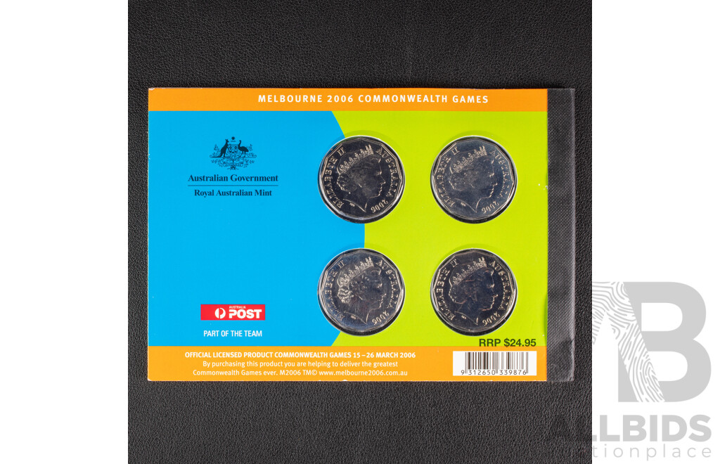 Australian 2006 Melbourne Olympics, Four 50c Coins PNC. $5 Coin Queen's Baton Relay