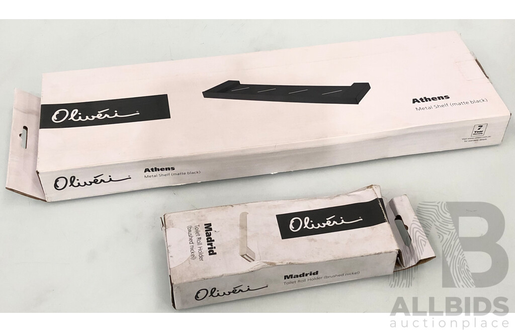 Oliveri Athens Matte Black Shelf and Madrid Brushed Nickel Toilet Roll Holder- Brand New - RRP $