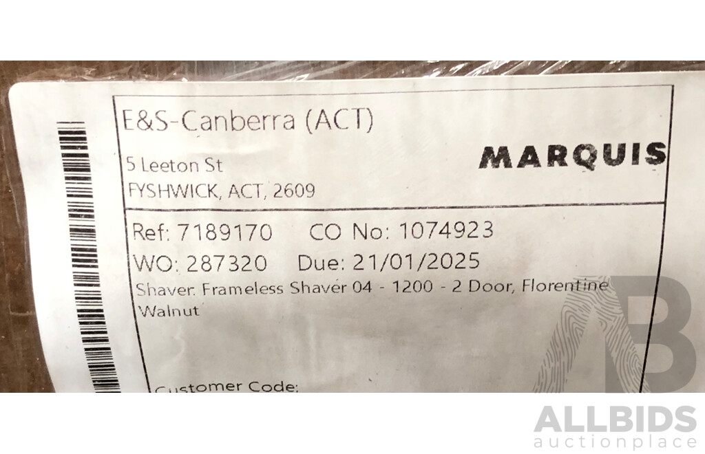 Marquis 1200mm Frameless Mirror Two Door Shaving Cabinet - Walnut Veneer - Brand New - RRP $950.00