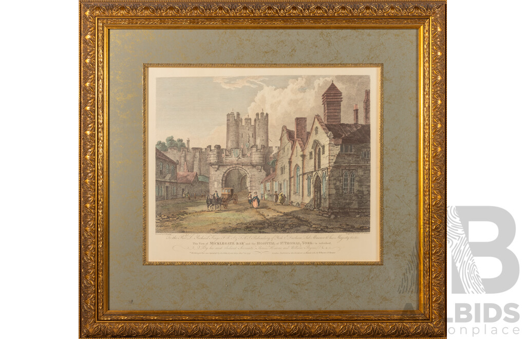 After Thomas Hearne, (18/19th Centuries, British, 1744-1817), 'The View of Micklegate Bar and the Hospital St Thomas, York' Lovely Coloured Engraving in Carved Gilt Frame, 71 x 77 cm (frame)