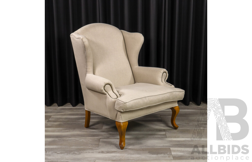 Oversized Georgian Style Wingback Armchair with Linen Upholstery