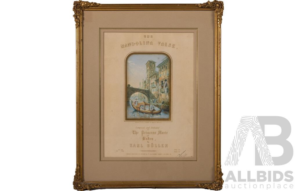 The Mandolina Valse, Verona Evening Scene on Music Cover, Printed in Oil Colours by Baxter Patentee, Print 328, Circa 1852, 43 x 33 cm (frame)