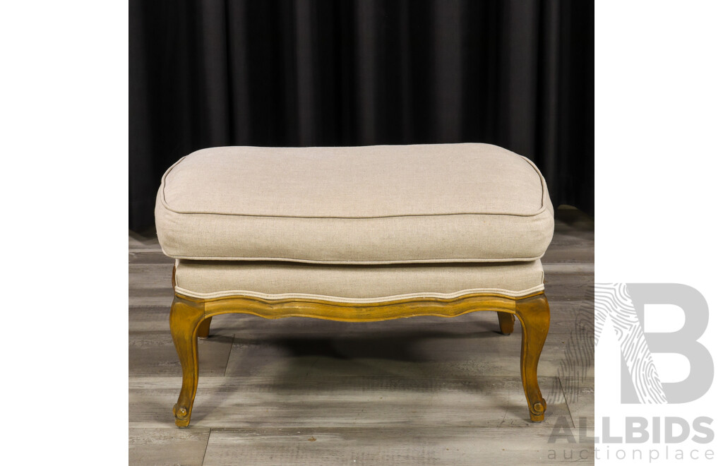 French Elm Ottoman with Linen Upholstery