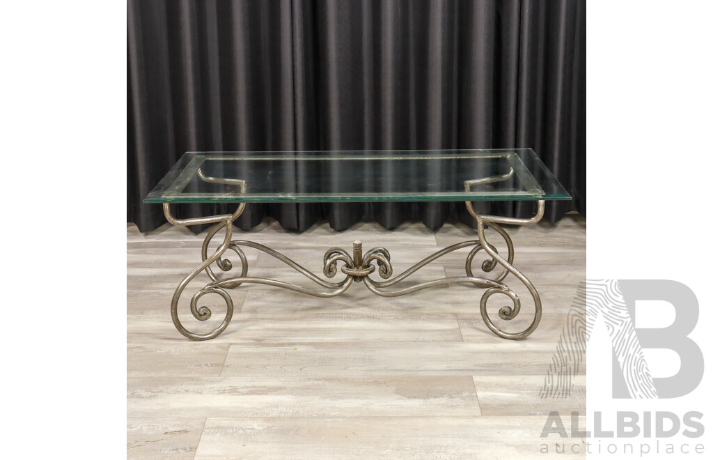 French Style Glass Top Coffee Table with Scrolled Wrought Iron Base