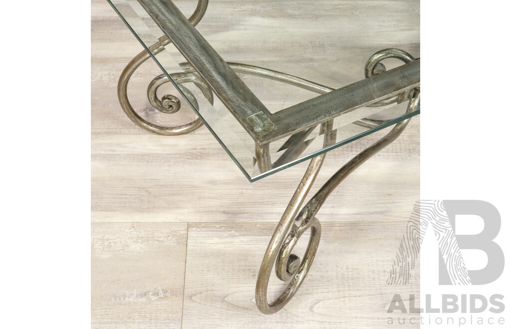 French Style Glass Top Coffee Table with Scrolled Wrought Iron Base