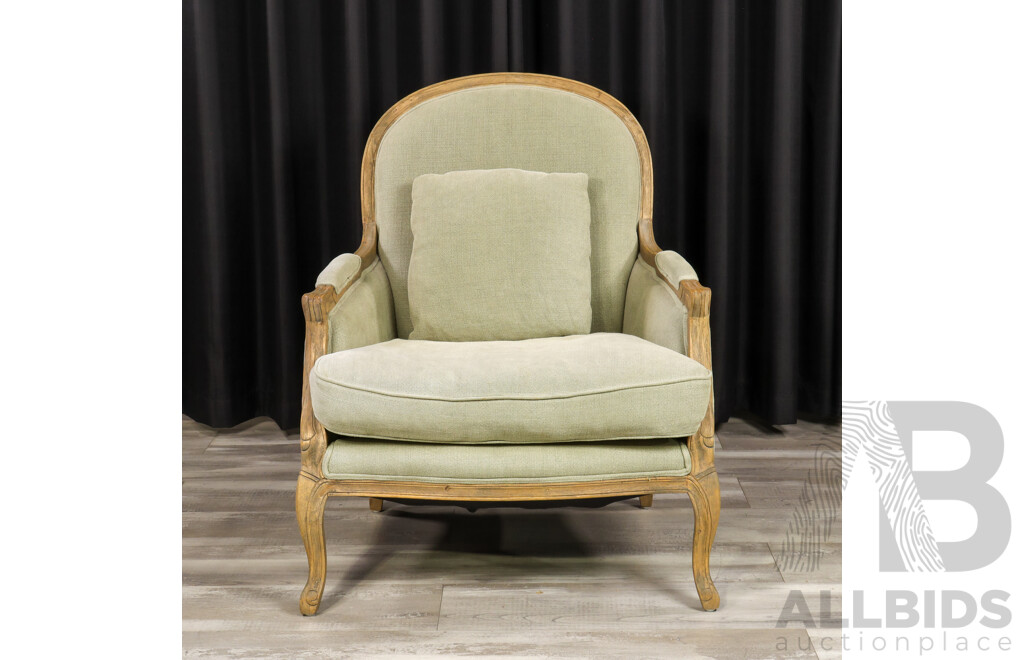 French Provincial Style Linen Upholstered Armchair with Exposed Weathered Oak Frame