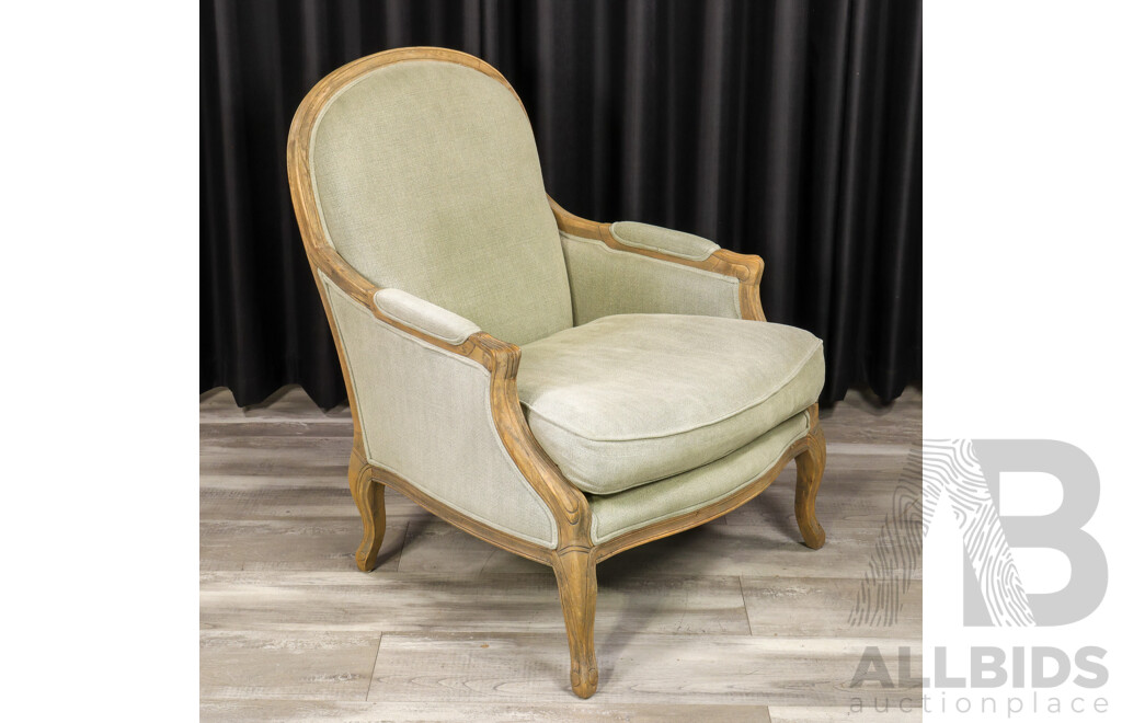 French Provincial Style Linen Upholstered Armchair with Exposed Weathered Oak Frame