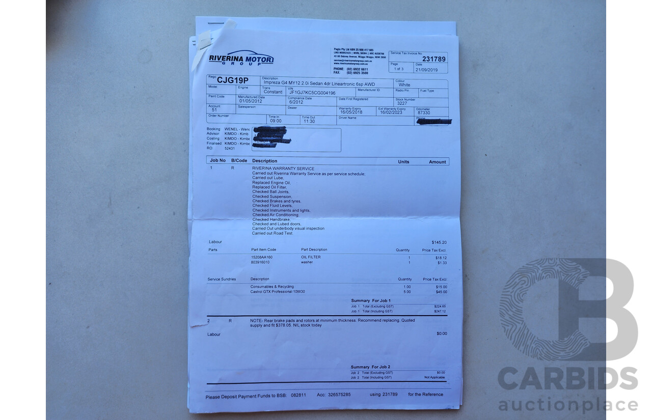 6/2012 Subaru Impreza 2.0i-L (awd) MY12 4d Sedan White 2.0L