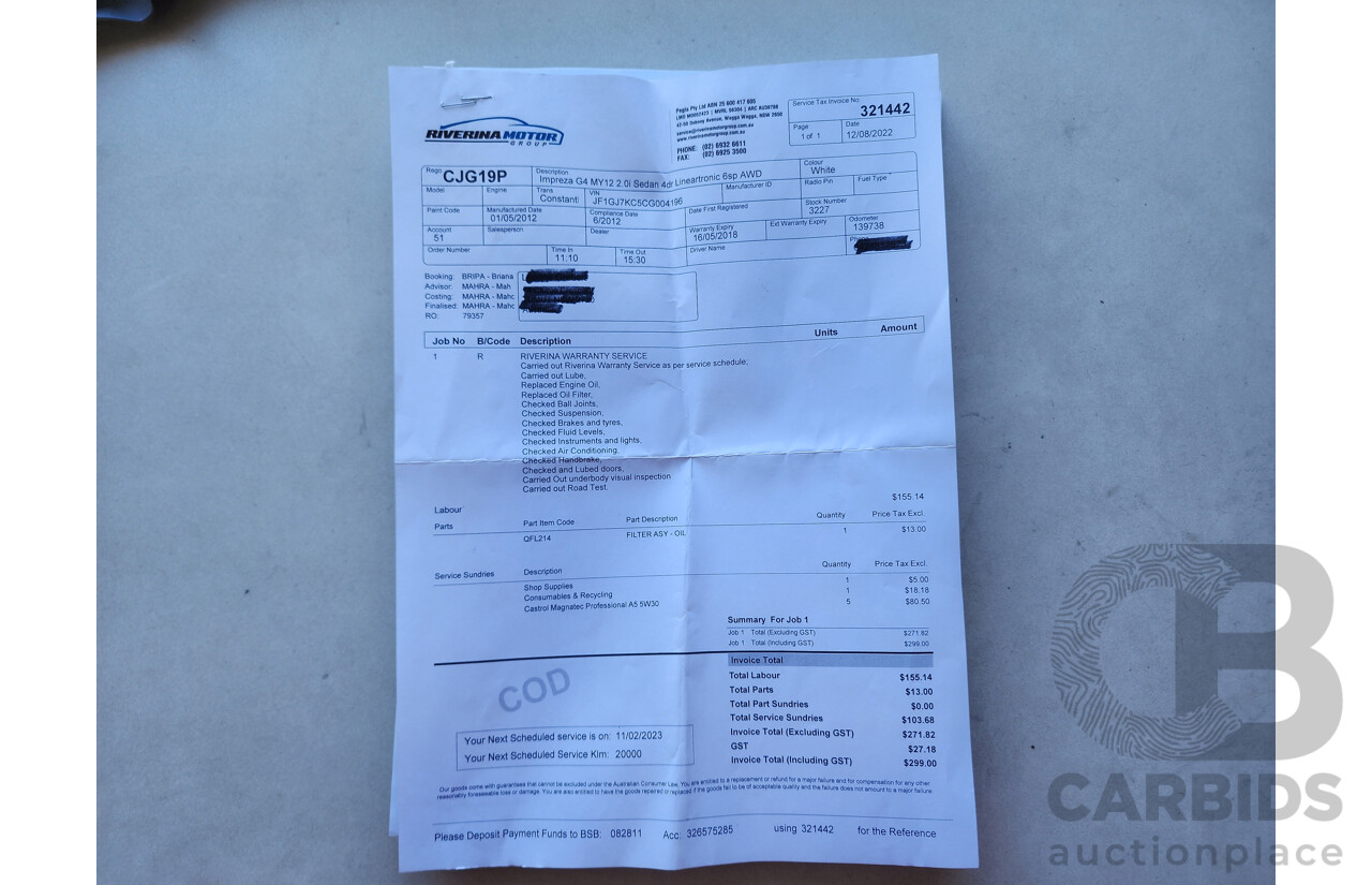 6/2012 Subaru Impreza 2.0i-L (awd) MY12 4d Sedan White 2.0L