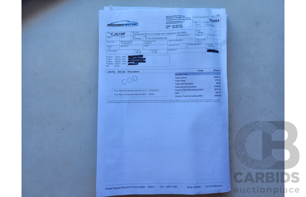 6/2012 Subaru Impreza 2.0i-L (awd) MY12 4d Sedan White 2.0L