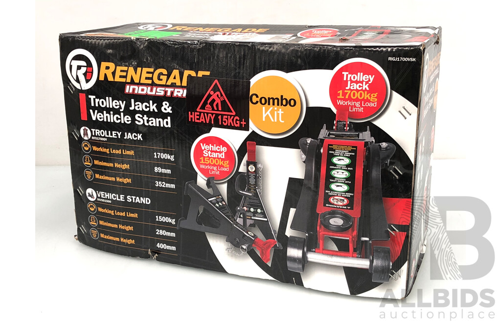 Renegade 1700kg Professional Trolley Jack and 1500kg Vehicle Stand Combo Kit - New