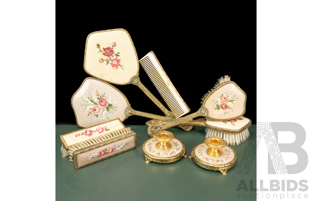 Edwardian Metal Framed Dressing Table Set with Tapestry Highlights