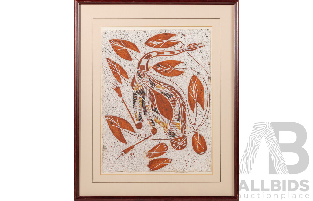 Simon Badari (20th Century, Indigenous-Australian), Spirit Bird, Original Ochre on Arches Paper, 54 x 45 cm (frame)