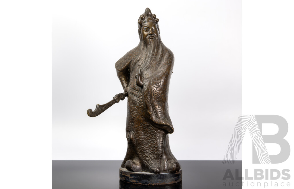 Early Reproduction Brass Guan Gong Figure on Timber Base