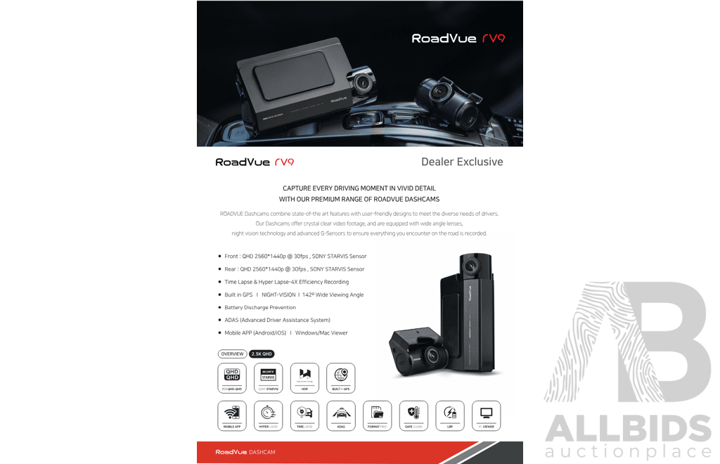 RoadVue Rv9 Dashcam - Valued at $1,000