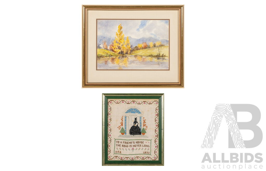 Dorothy Tuckwell [nee Sweet], (20th Century, Australian), Reflections of an Autumn Landscape, Original Vintage Watercolour, 31 x 38 cm (frame) & Hand Crafted Almost Antique Tapestry (1932), 27 x 23 cm (frame) (2)