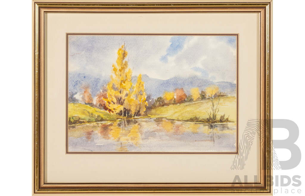 Dorothy Tuckwell [nee Sweet], (20th Century, Australian), Reflections of an Autumn Landscape, Original Vintage Watercolour, 31 x 38 cm (frame) & Hand Crafted Almost Antique Tapestry (1932), 27 x 23 cm (frame) (2)