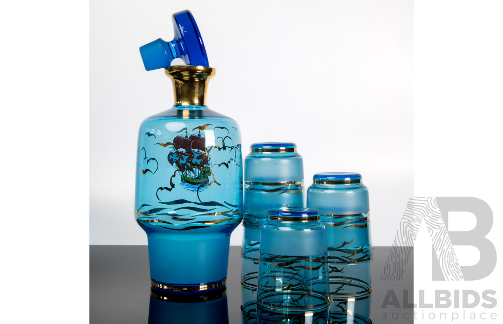 Vintage Blue Glass Seven Piece Drinking Suite