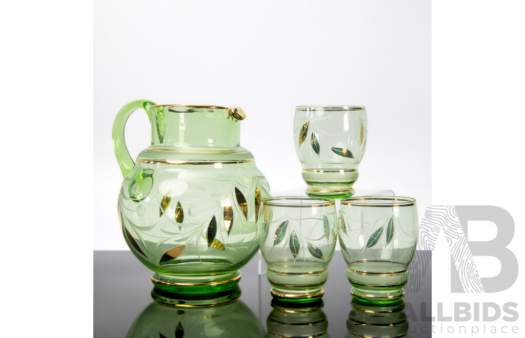 Green Glass Jug and Tumblers with Gilt Leaf Design
