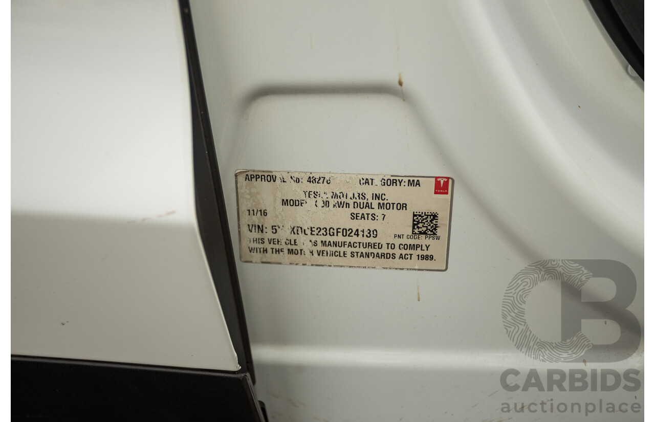 11/2016 Tesla Model X 90D (AWD) 75XB MY17 4d Wagon Pearl White Dedicated Electric EV 315kw - 7 Seater