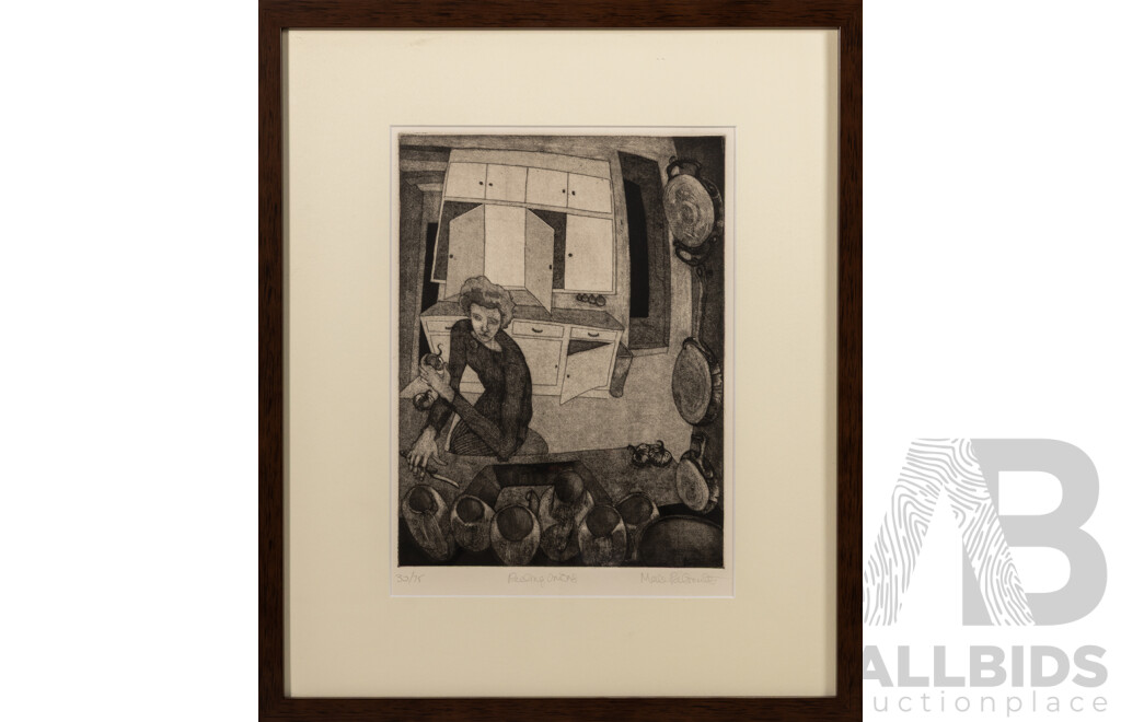 Merle Perlmutter, (20th Century, British-Born American), Peeling Onions, Wonderful Original Signed & Editioned Etching, 50 x 42 cm (frame)