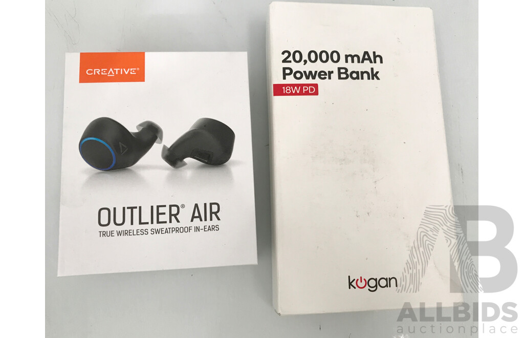 Creative Outlier Air Wireless Earphones, Kogan Power Bank, and Assorted Sony Camera Lenses and Video Light